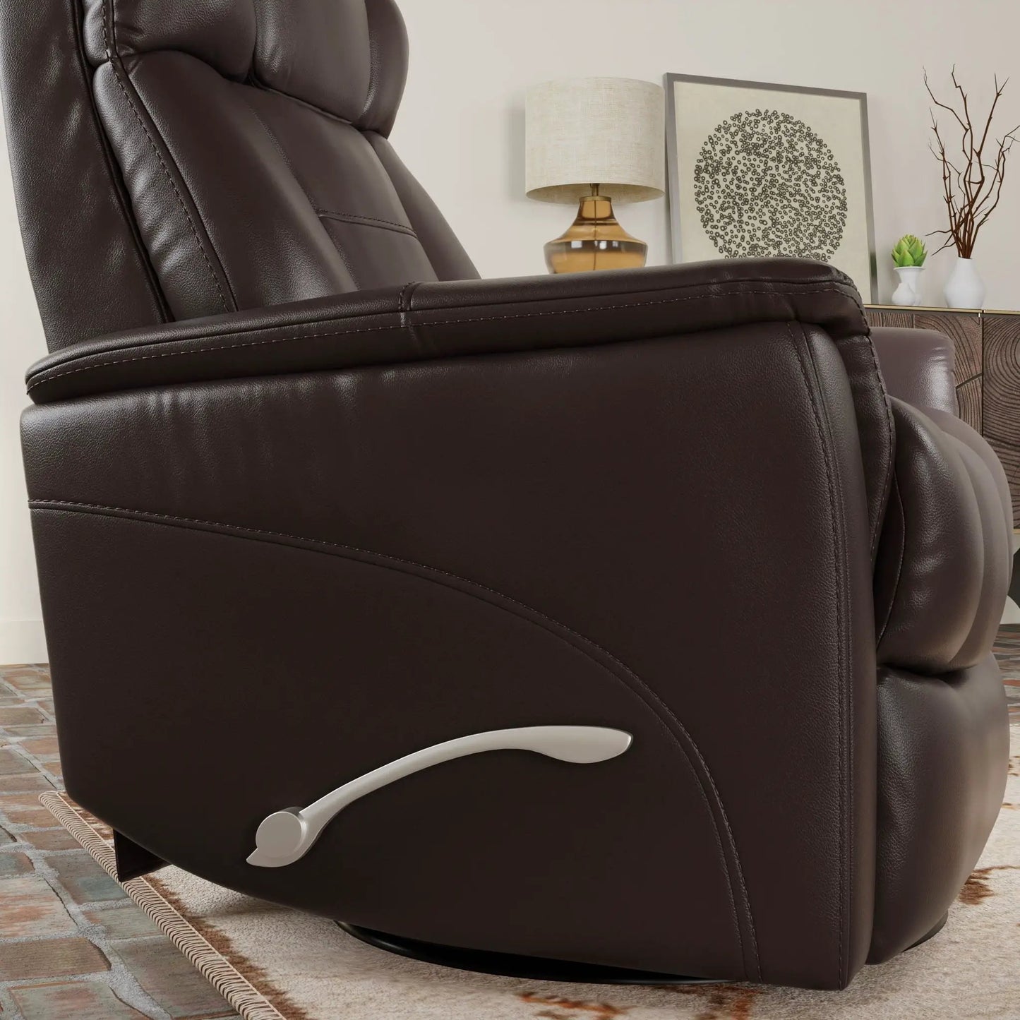 Bentley Swivel Glider Recliner in dark brown leather with manual headrest and footrest on Tampa Home & Garden Store