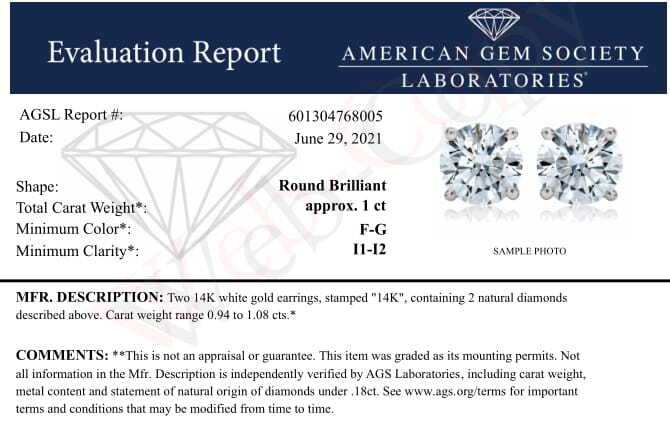 AGS Certified 14K white gold round brilliant stud earrings 1.0 cttw, 4-prong push back F-G I1-I2 on Tampa Home & Garden Store