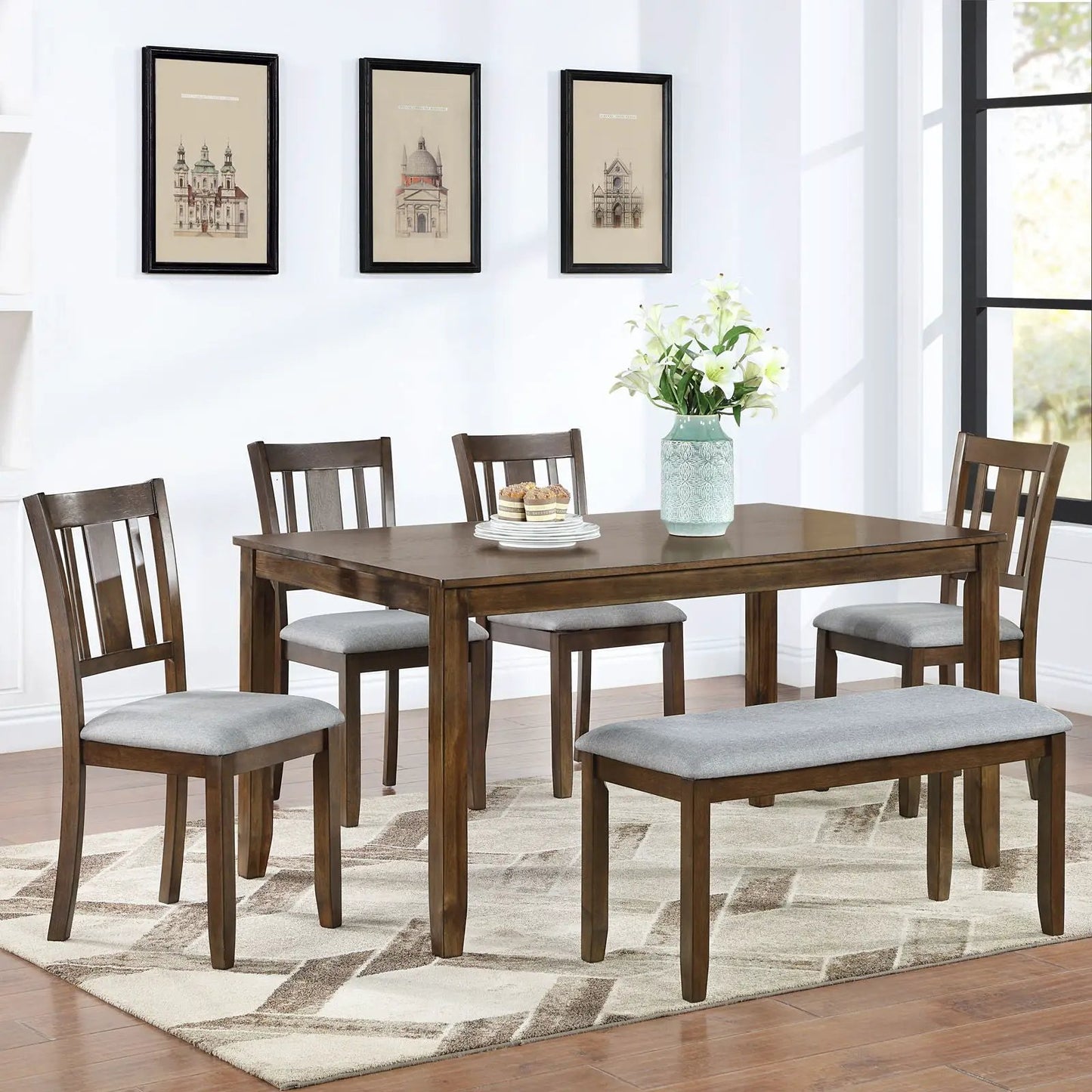 6 Piece Dining Set rectangular table with upholstered chairs bench Unique Piece Furniture on Tampa Home & Garden Store