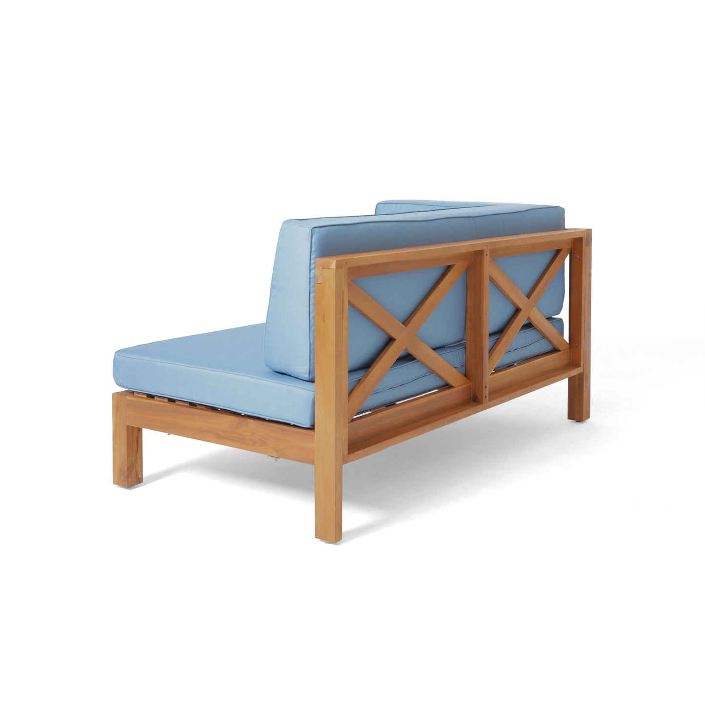 Brava X-Back 4-Piece Sofa Set outdoor sofas with blue cushions and a natural wood frame on Tampa Home & Garden Store