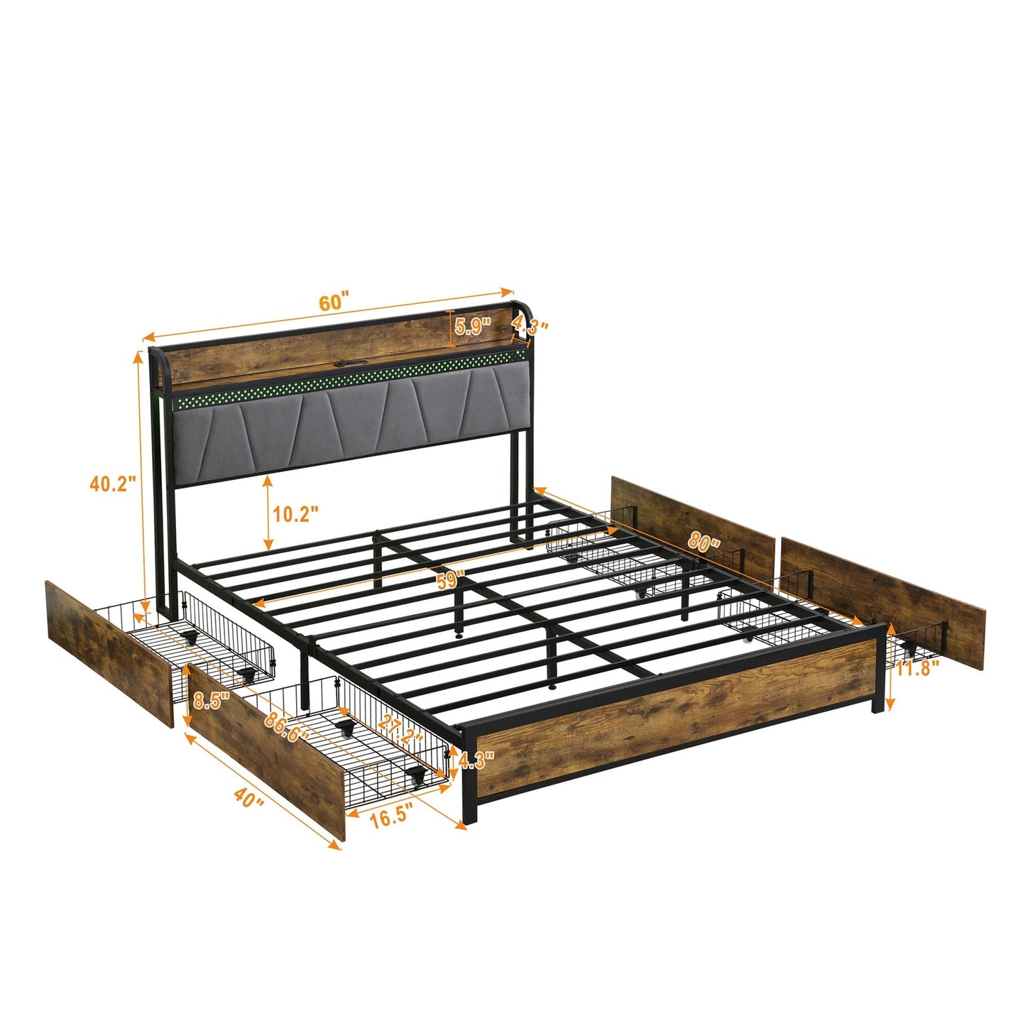 Modern Bed Frame With Led Lights and Storage