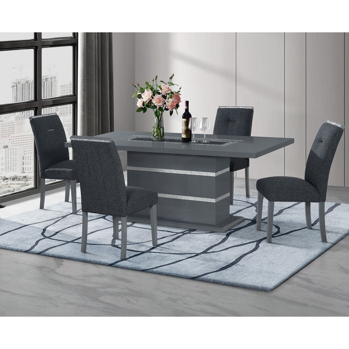 Ariya dining table with high gloss dark gray finish and pedestal base by HouseOfZazla on Tampa Home & Garden Store