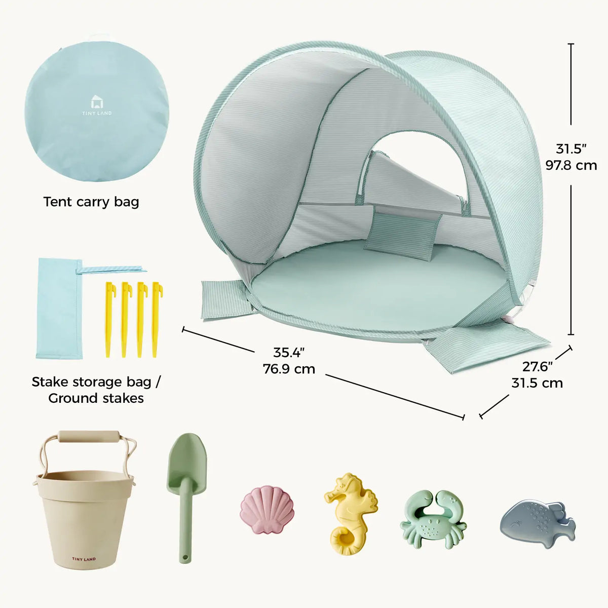 Tiny Land INC mint green pop-up beach tent set with carry bag and stake bag on Tampa Home & Garden Store
