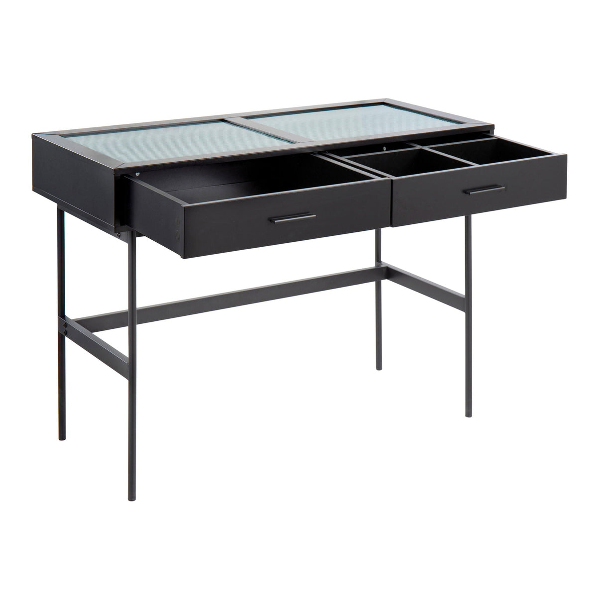 Contemporary black console table with tempered glass top and two drawers on a metal frame on Tampa Home & Garden Store