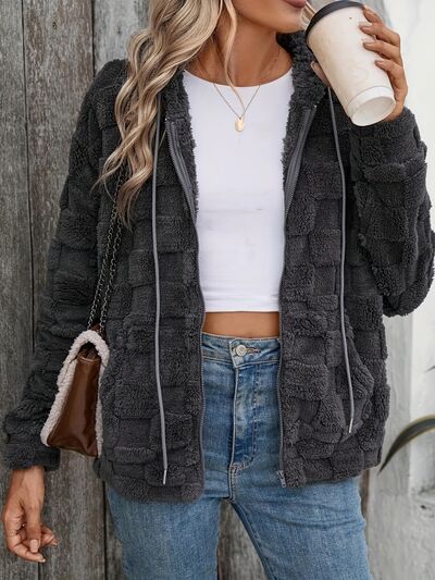 Stevvex dark gray fuzzy jacket with checkered texture, zip-up with drawstrings on Tampa Home & Garden Store