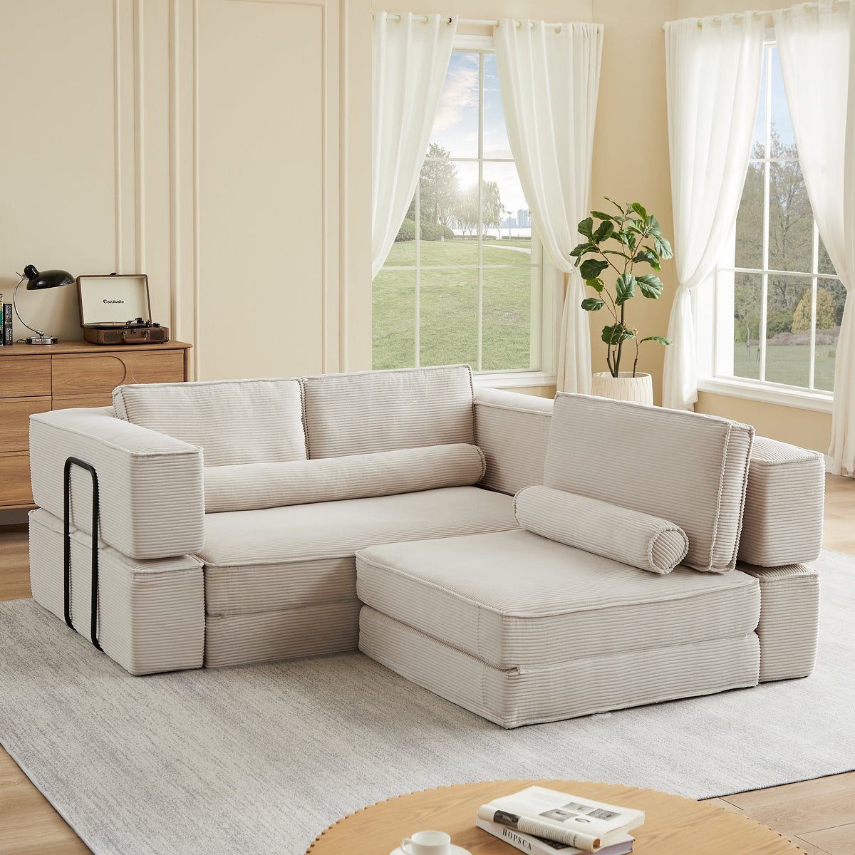 Large modern corduroy sectional sofa with modular pieces in light gray on Tampa Home & Garden Store