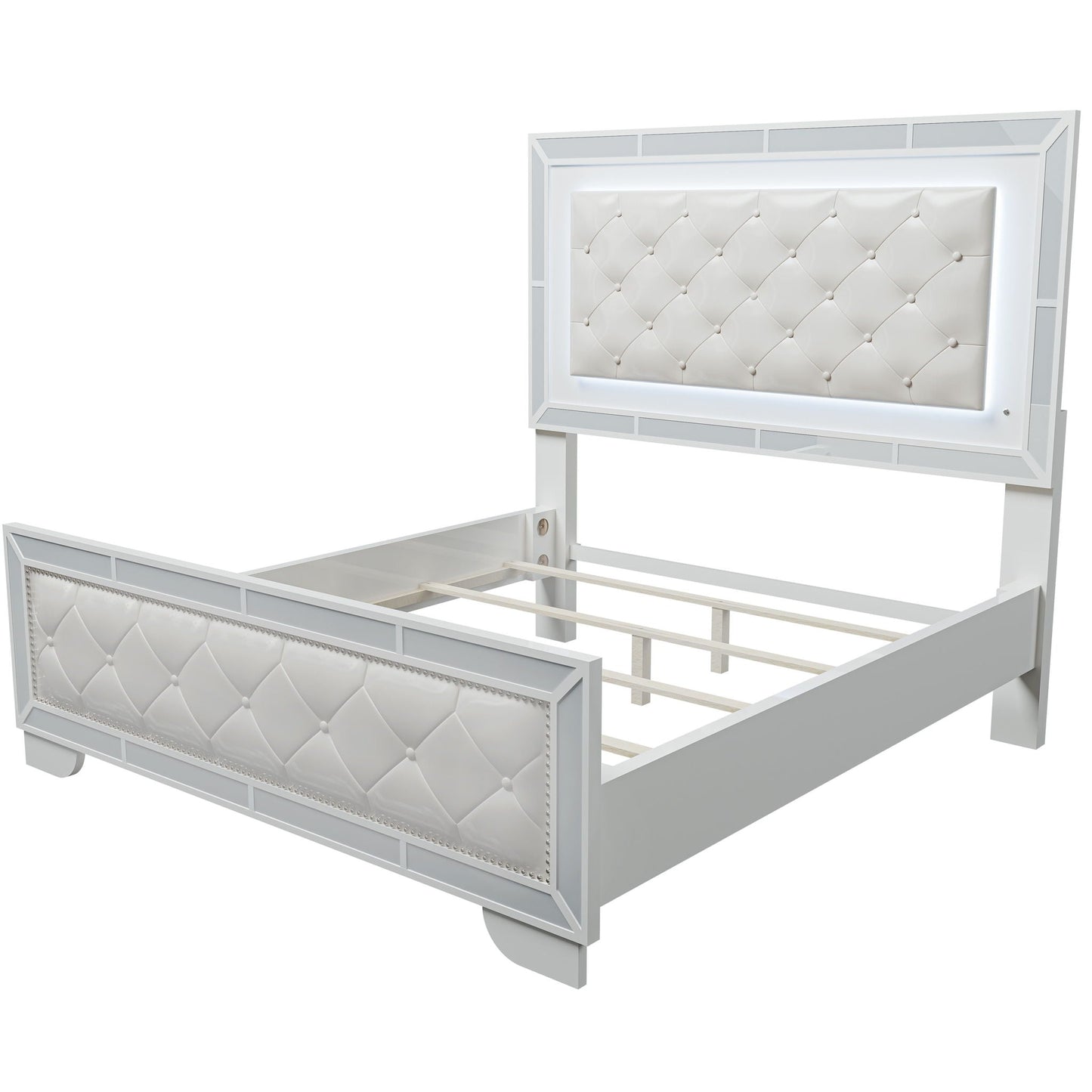 3 Piece Bedroom Set with LED Lights Bed by HouseOfZazla, white tufted headboard on Tampa Home & Garden Store