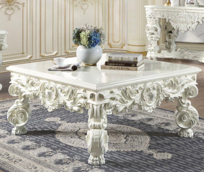 Adara Elegant White Coffee Table ornate carved ivory finish HouseOfZazla on Tampa Home & Garden Store