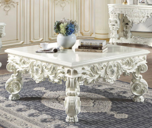 Adara Elegant White Coffee Table ornate carved ivory finish HouseOfZazla on Tampa Home & Garden Store