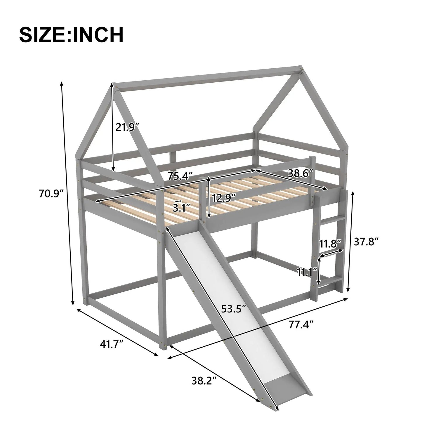 House Shape Bunk Bed With Slide And Ladder, gray finish, Unique Piece Furniture on Tampa Home & Garden Store