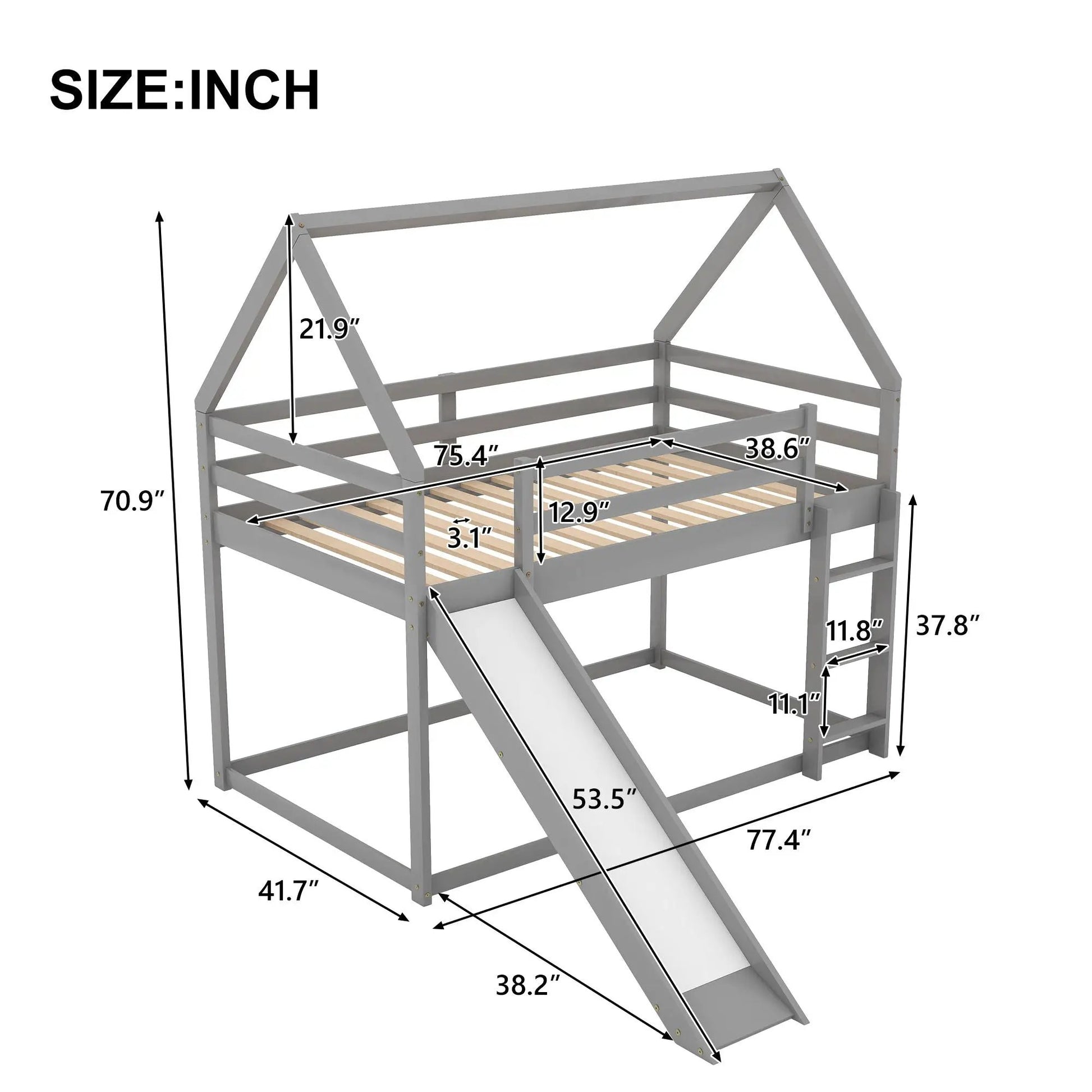 House Shape Bunk Bed With Slide And Ladder, gray finish, Unique Piece Furniture on Tampa Home & Garden Store