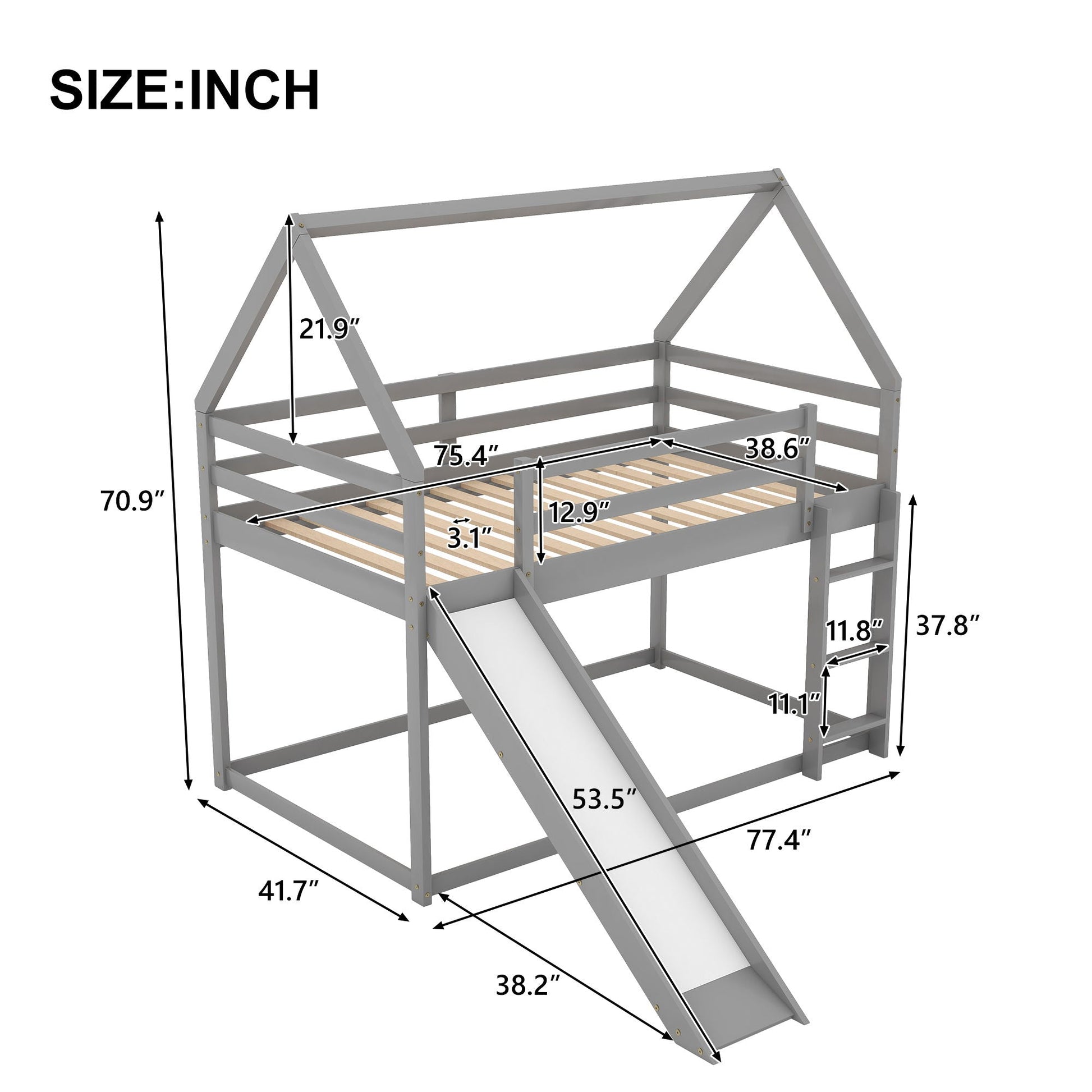 HouseOfZazla house-shaped bunk bed with built-in slide and ladder, gray finish on Tampa Home & Garden Store