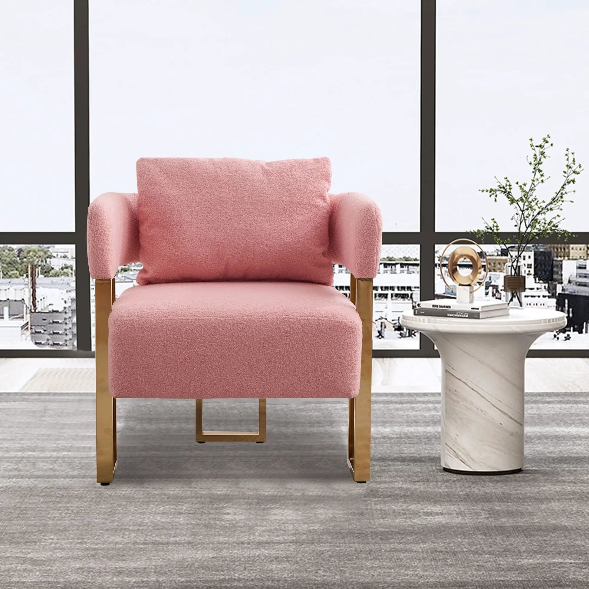 Modern decorative teddy fleece pink chair with gold metal legs on Tampa Home & Garden Store
