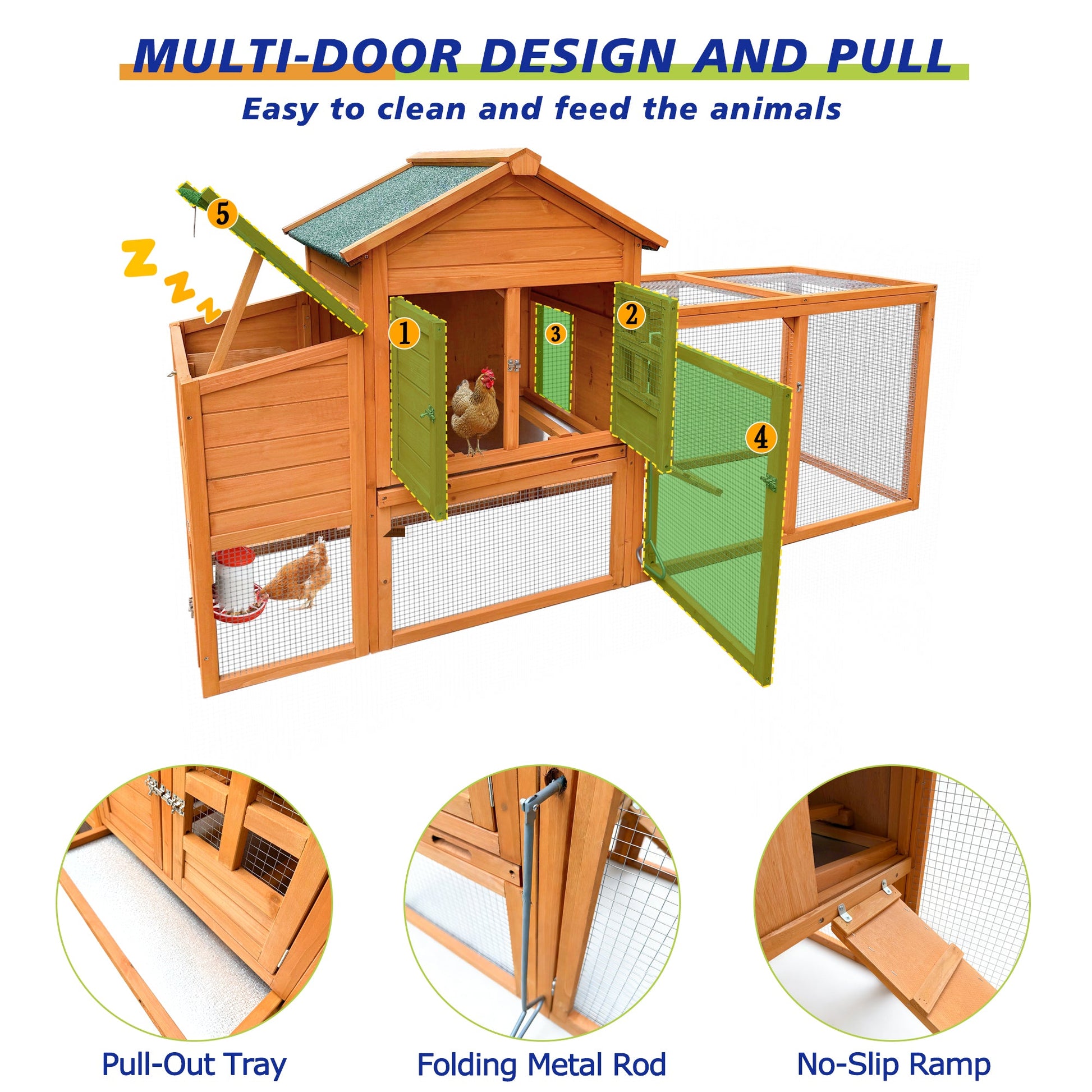 80-inch Chicken Coop with Nest Box by HouseOfZazla, wooden coop with green doors and run on Tampa Home & Garden Store