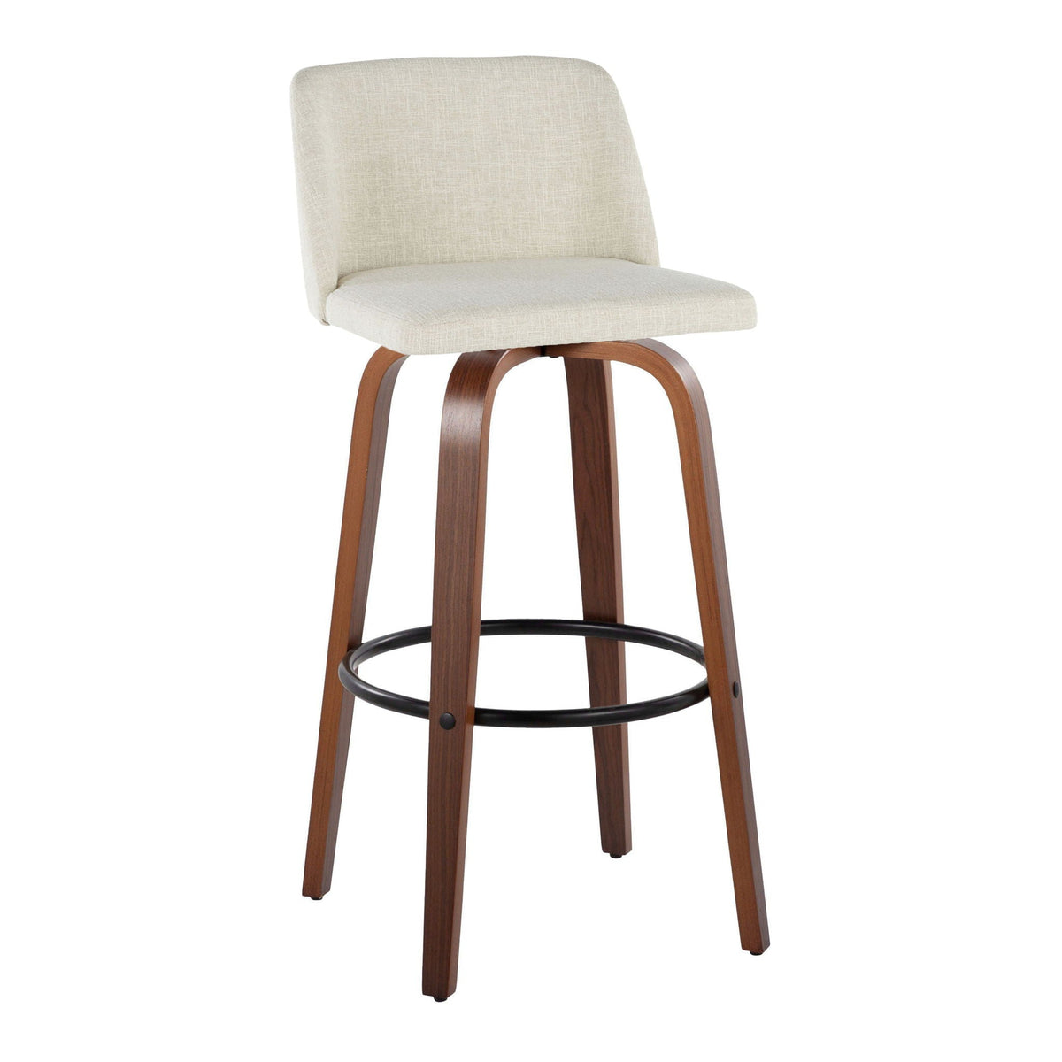 Beige upholstered contemporary bar stool with curved wood legs and circular black footrest on Tampa Home & Garden Store