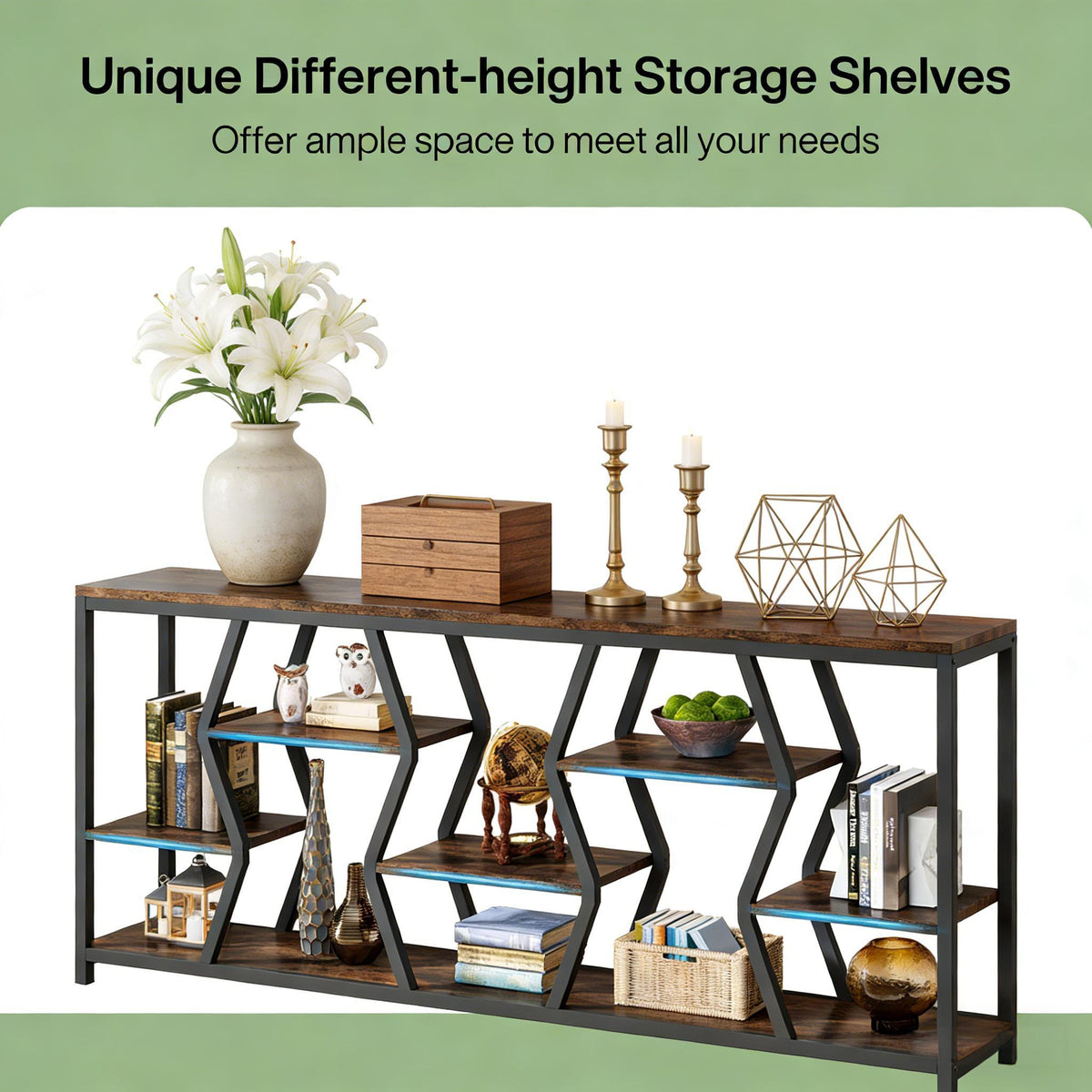 Durable sofa console table with wood top and black metal frame, open shelves with vase and books on Tampa Home & Garden Store