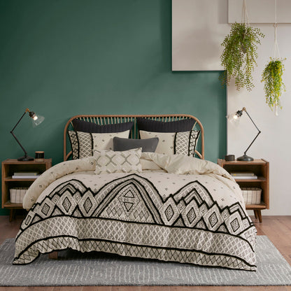 Duvet cover set Full/Queen HouseOfZazla flax-cotton blend boho geometric cream black 3-piece on Tampa Home & Garden Store