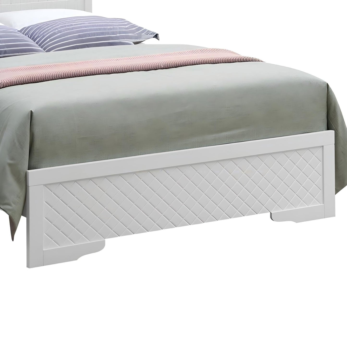 Upholstered bed with white diamond-footboard and pale gray bedding, pink throw on Tampa Home & Garden Store