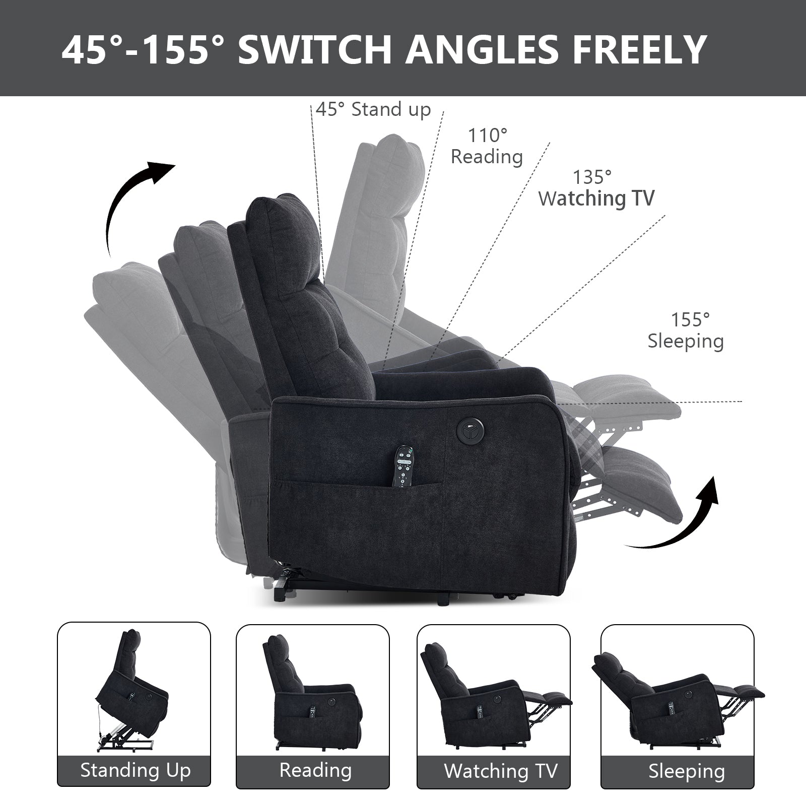 Black chenille single-motor lift recliner chair with multiple position angles shown in a product diagram on Tampa Home & Garden Store