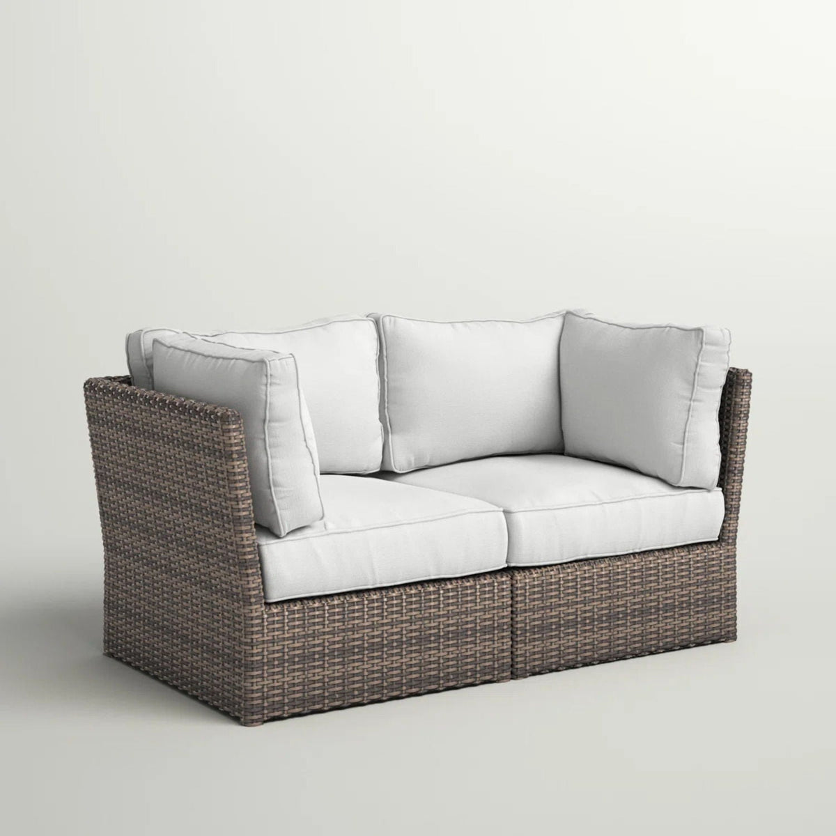 Modern patio wicker loveseat with light gray cushions in brown woven frame by HouseOfZazla on Tampa Home & Garden Store