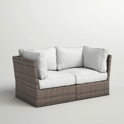 Modern patio wicker loveseat with light gray cushions in brown woven frame by HouseOfZazla on Tampa Home & Garden Store
