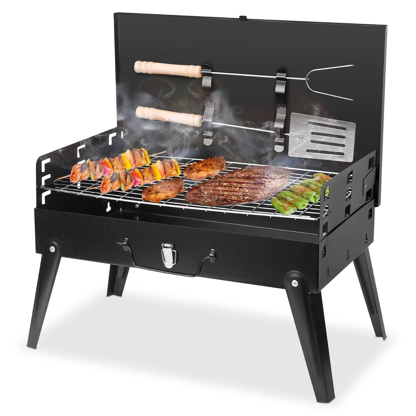 GemGear portable charcoal grill black foldable suitcase with skewers and spatula on Tampa Home & Garden Store