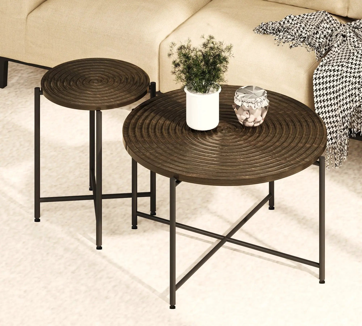 Coffee and end tables set (2) with circular woodgrain tops and black metal legs on Tampa Home & Garden Store