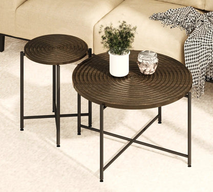 Coffee and end tables set (2) with circular woodgrain tops and black metal legs on Tampa Home & Garden Store