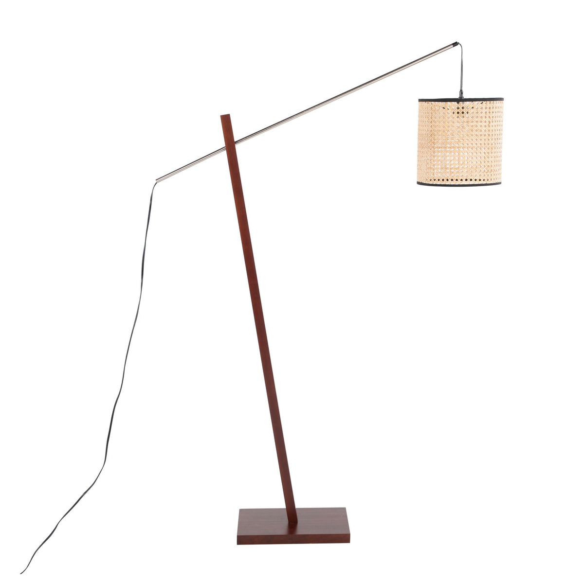 Arturo contemporary floor lamp by HouseOfZazla; dark wood stem, metal arm, woven shade on Tampa Home & Garden Store