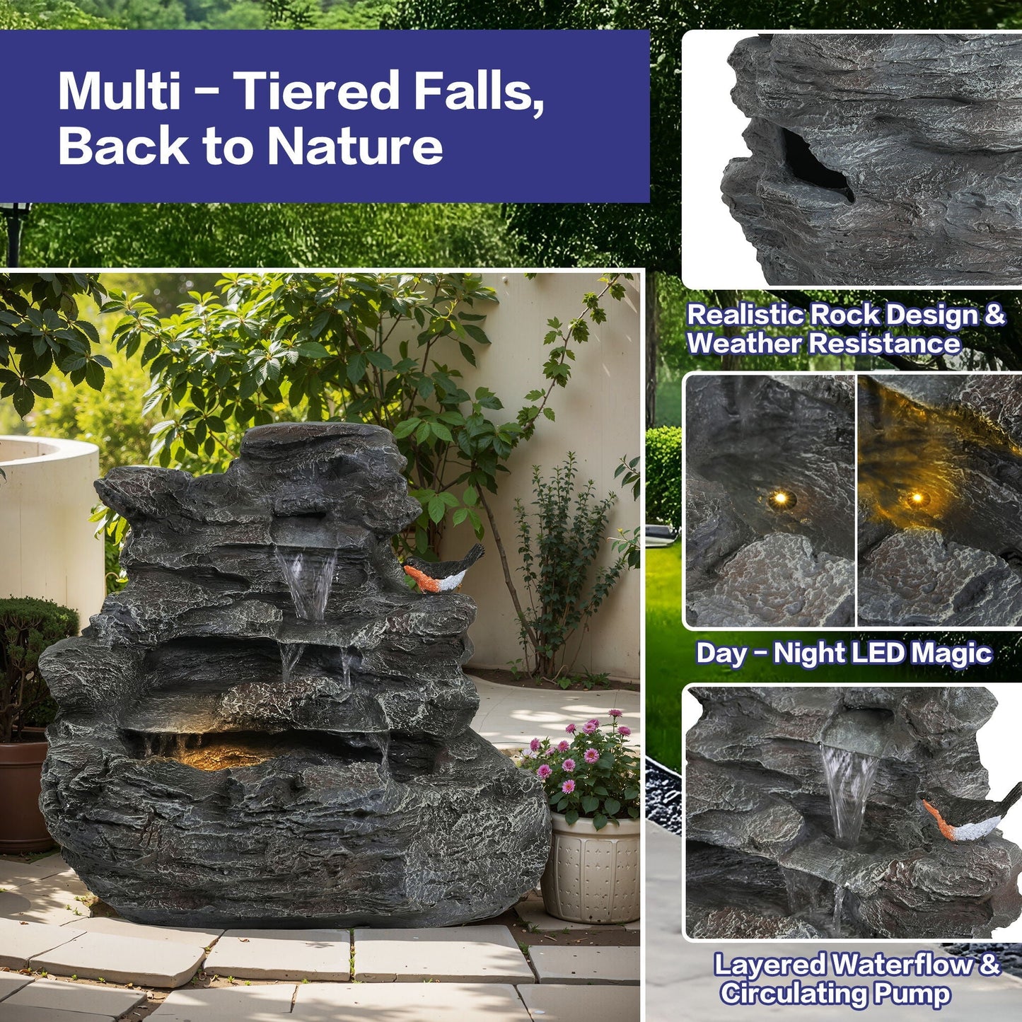 Concrete Rock Waterfall Fountain with LED Lights, stacked gray stones outdoor decor HouseOfZazla on Tampa Home & Garden Store