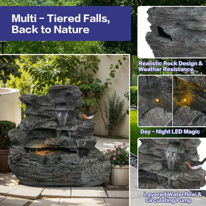 Concrete Rock Waterfall Fountain with LED Lights, stacked gray stones outdoor decor HouseOfZazla on Tampa Home & Garden Store