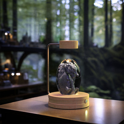 Crystal ball dinosaur night light with glass orb on wooden base and copper stem USB powered on Tampa Home & Garden Store