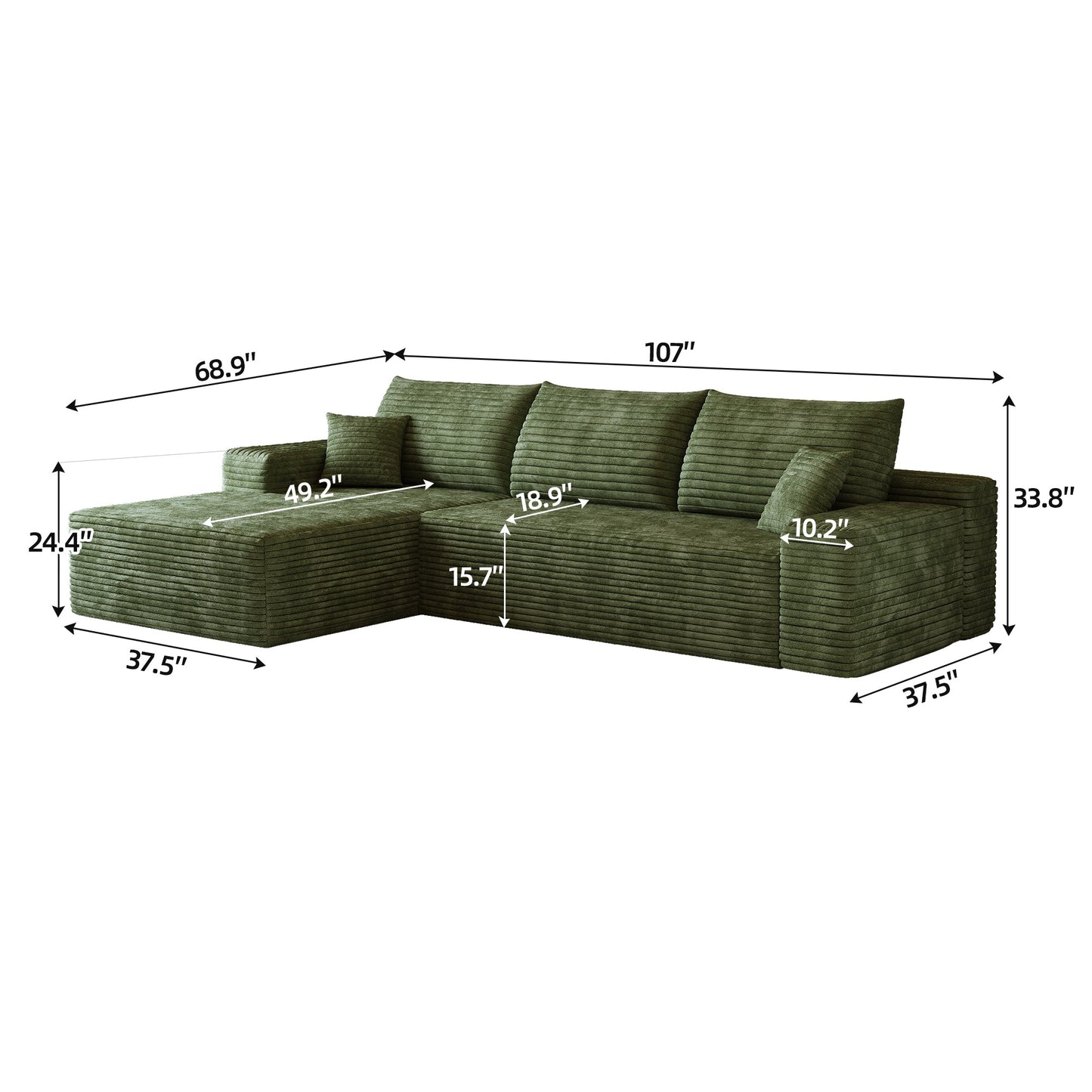 107-inch Cloud Sectional Sofa with L-shaped Chaise in olive-green fabric by HouseOfZazla on Tampa Home & Garden Store