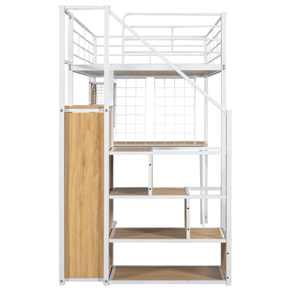Loft Bed with workstation, wardrobe and storage stairs, white metal frame by HouseOfZazla on Tampa Home & Garden Store
