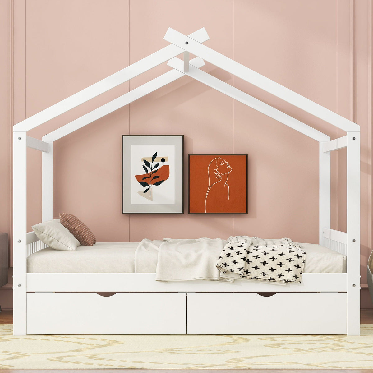 House Style Platform Bed with Roof Design in white, headboard and footboard with drawers on Tampa Home & Garden Store