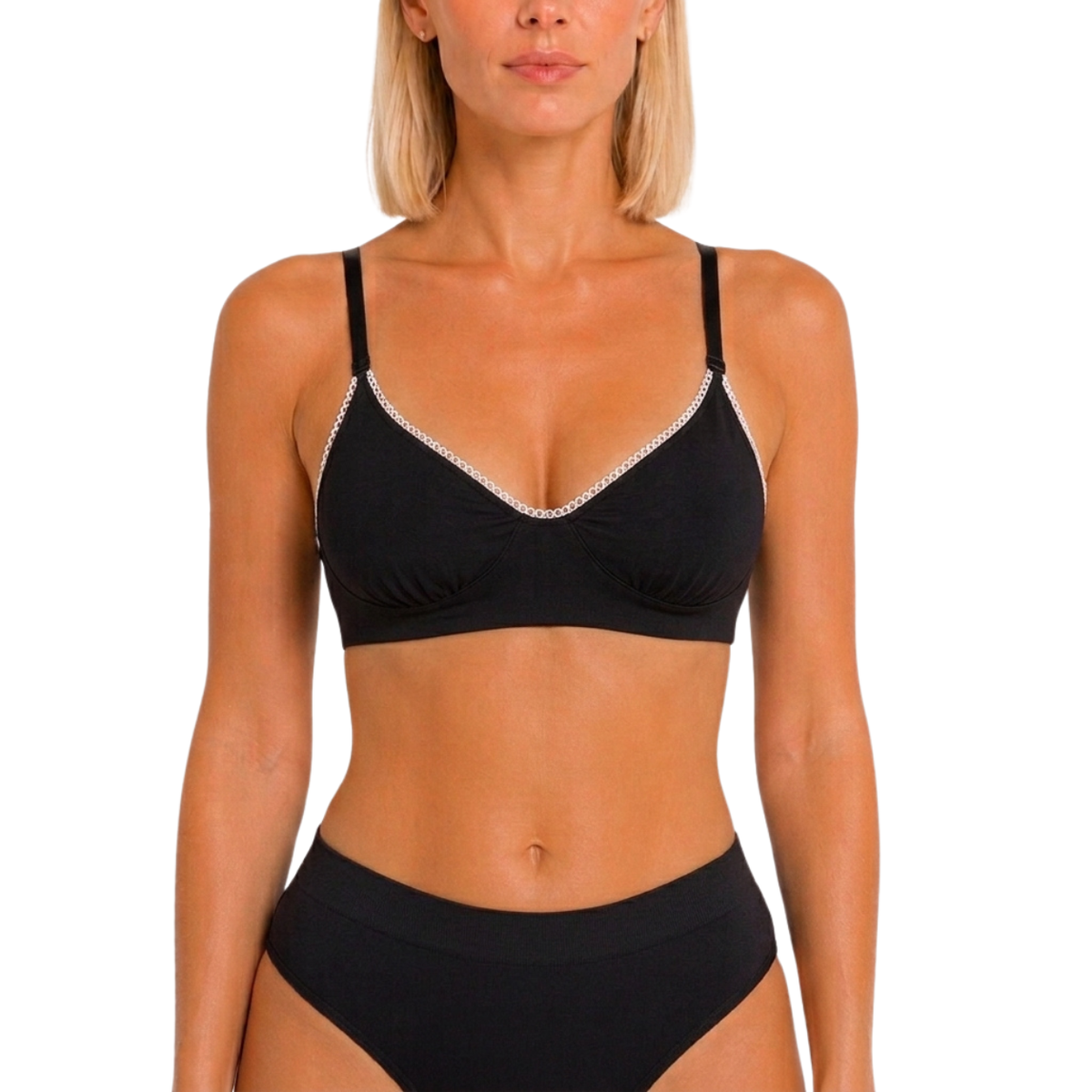 Wireless Plunge Bralette by Net Positive, black organic cotton bra with white lace trim on Tampa Home & Garden Store