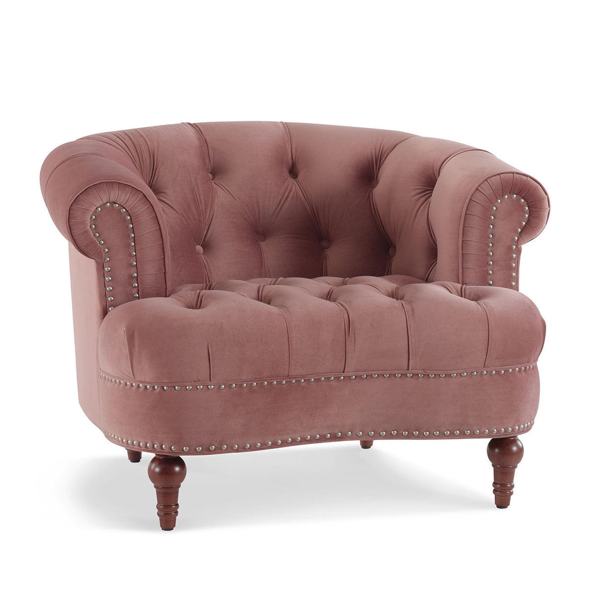 HouseOfZazla Victorian tufted velvet accent chair in pink with nailhead trim curved arms on Tampa Home & Garden Store
