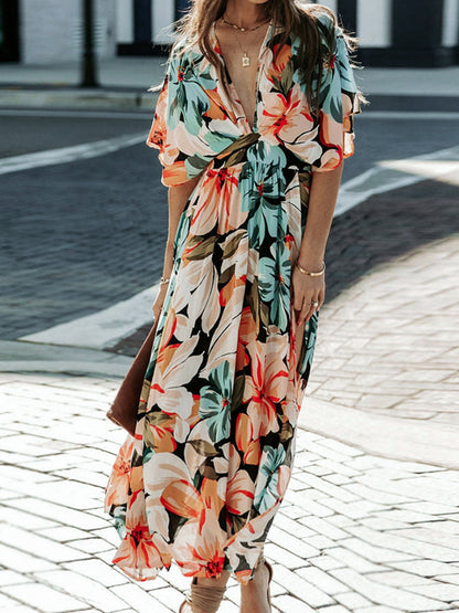 Floral half-sleeve dress by Stevvex, maxi length with waist tie, bold tropical print on Tampa Home & Garden Store
