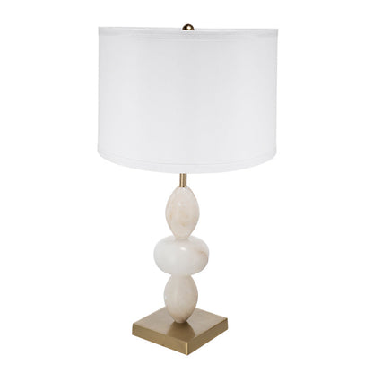 D14x26.3in table lamp with cream stacked stone pedestal and brass square base, white shade on Tampa Home & Garden Store