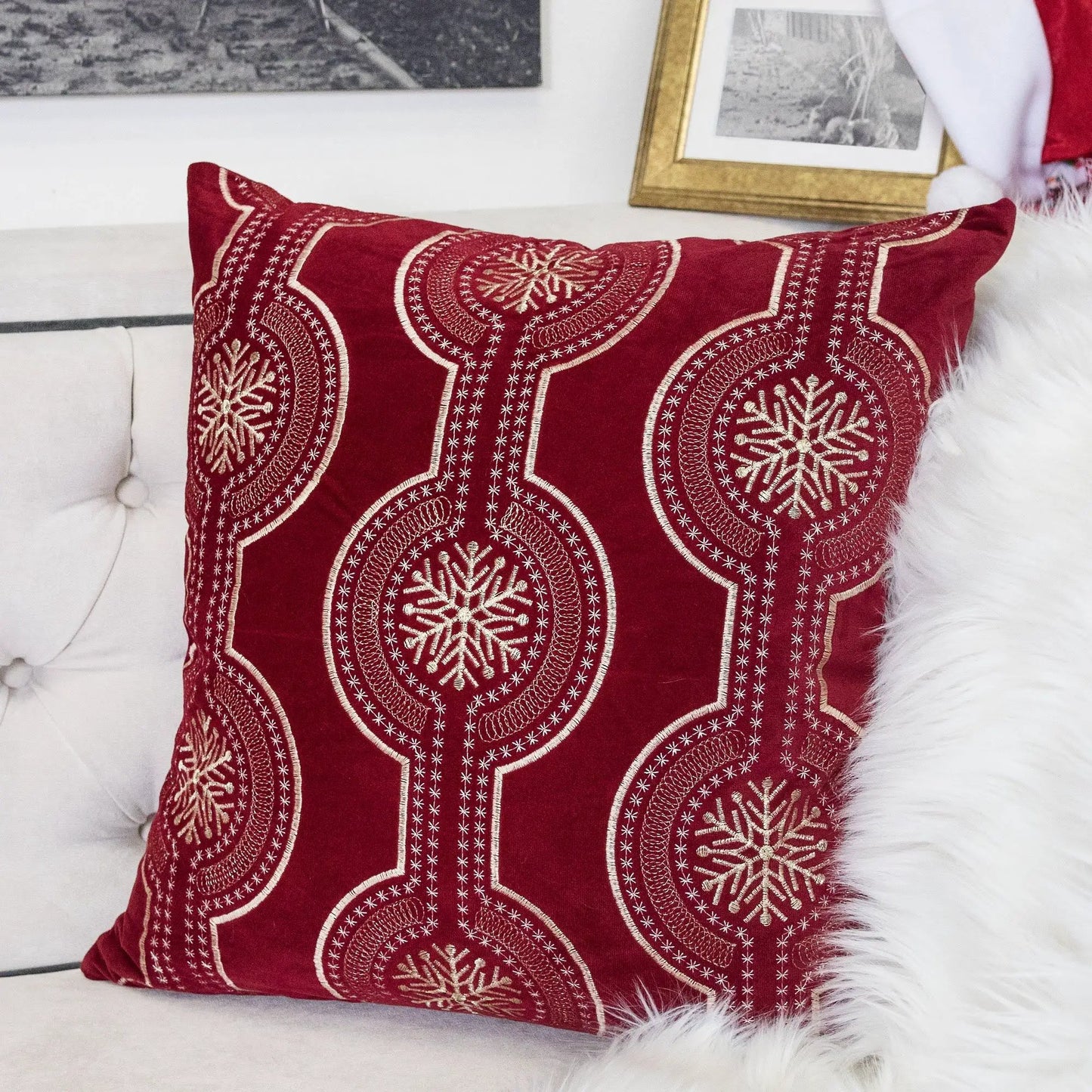 Holiday Throw Pillow Snowflake Embroidery