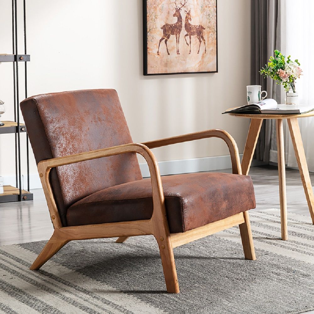 Mid-Century Modern open-framed armchair with brown distressed leather cushions and wood frame on Tampa Home & Garden Store
