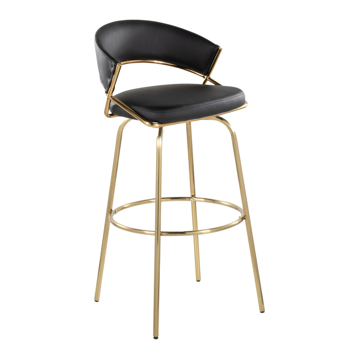 Contemporary swivel barstool in black faux leather with gold frame and round footrest on Tampa Home & Garden Store