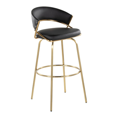 Contemporary swivel barstool in black faux leather with gold frame and round footrest on Tampa Home & Garden Store