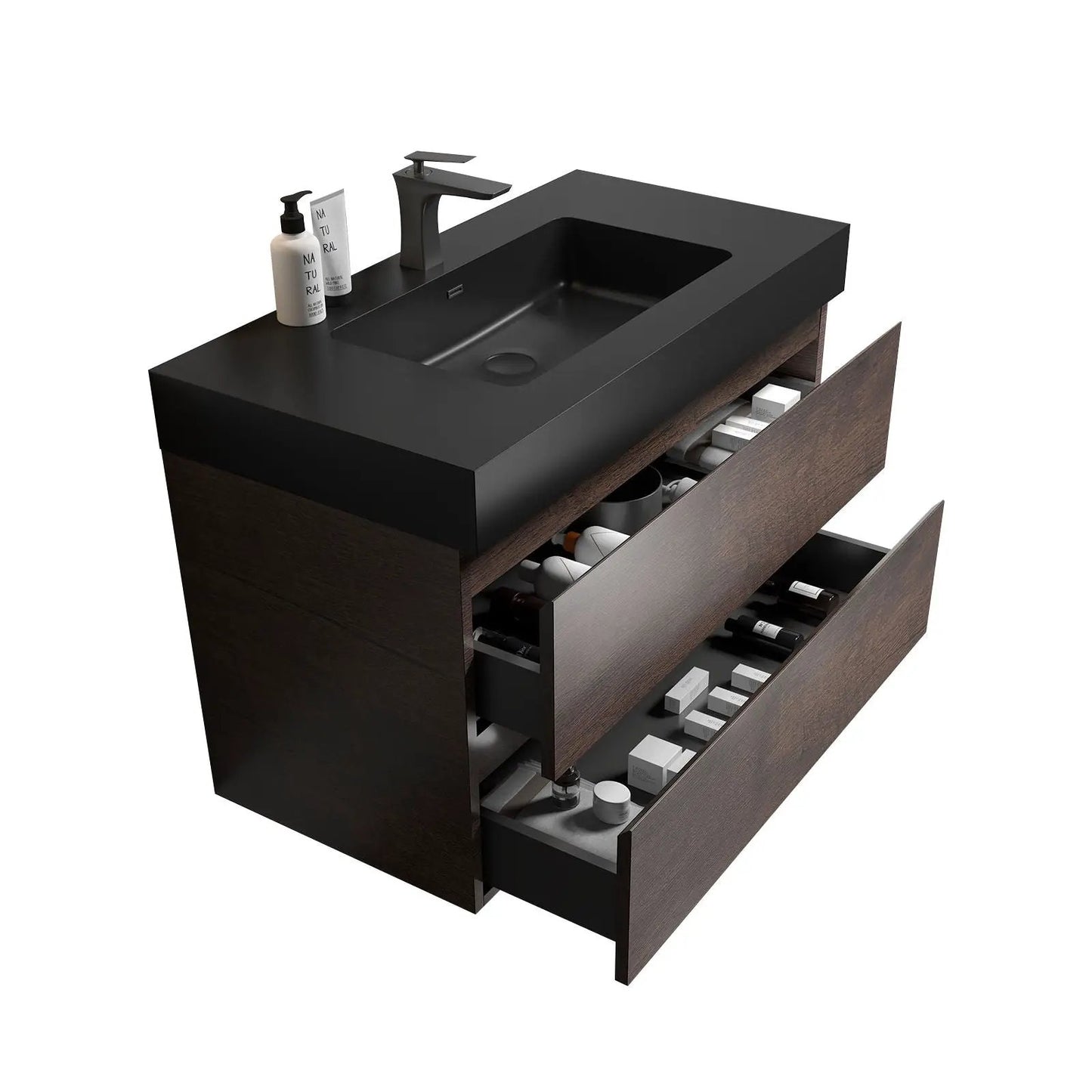 Alice wall-mounted bathroom vanity with black sink and dark wood drawers, ample storage on Tampa Home & Garden Store