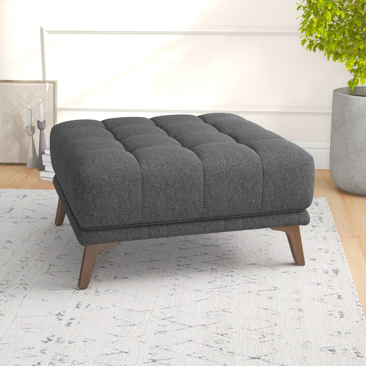 Addison Square Upholstered Ottoman, dark gray tufted cushions, mid-century coffee ottoman on Tampa Home & Garden Store