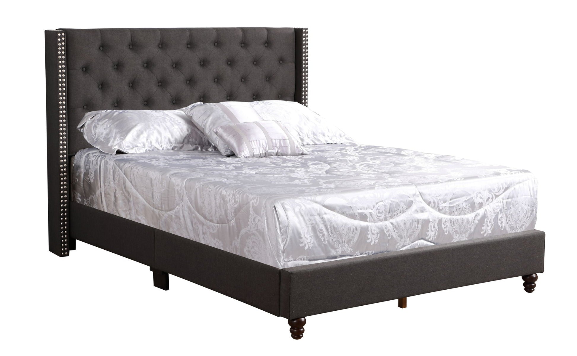 HouseOfZazla Nailhead Bed upholstered in dark gray fabric with tufted headboard on Tampa Home & Garden Store