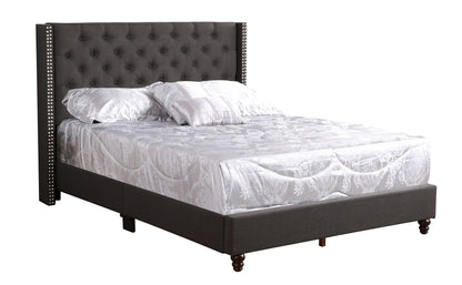 HouseOfZazla Nailhead Bed upholstered in dark gray fabric with tufted headboard on Tampa Home & Garden Store