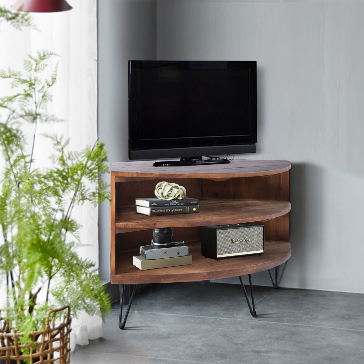 Fan Shape Reclaimed Wood Corner Media Table with curved edge and black hairpin legs, TV on top on Tampa Home & Garden Store