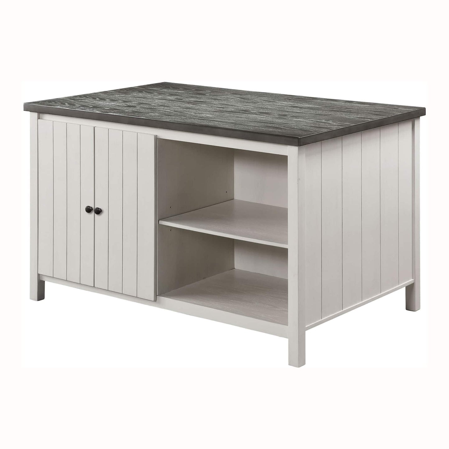 Counter height dining table with storage cabinet base, dark gray top and offwhite slat-front body on Tampa Home & Garden Store