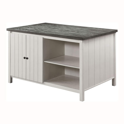 Counter height dining table with storage cabinet base, dark gray top and offwhite slat-front body on Tampa Home & Garden Store